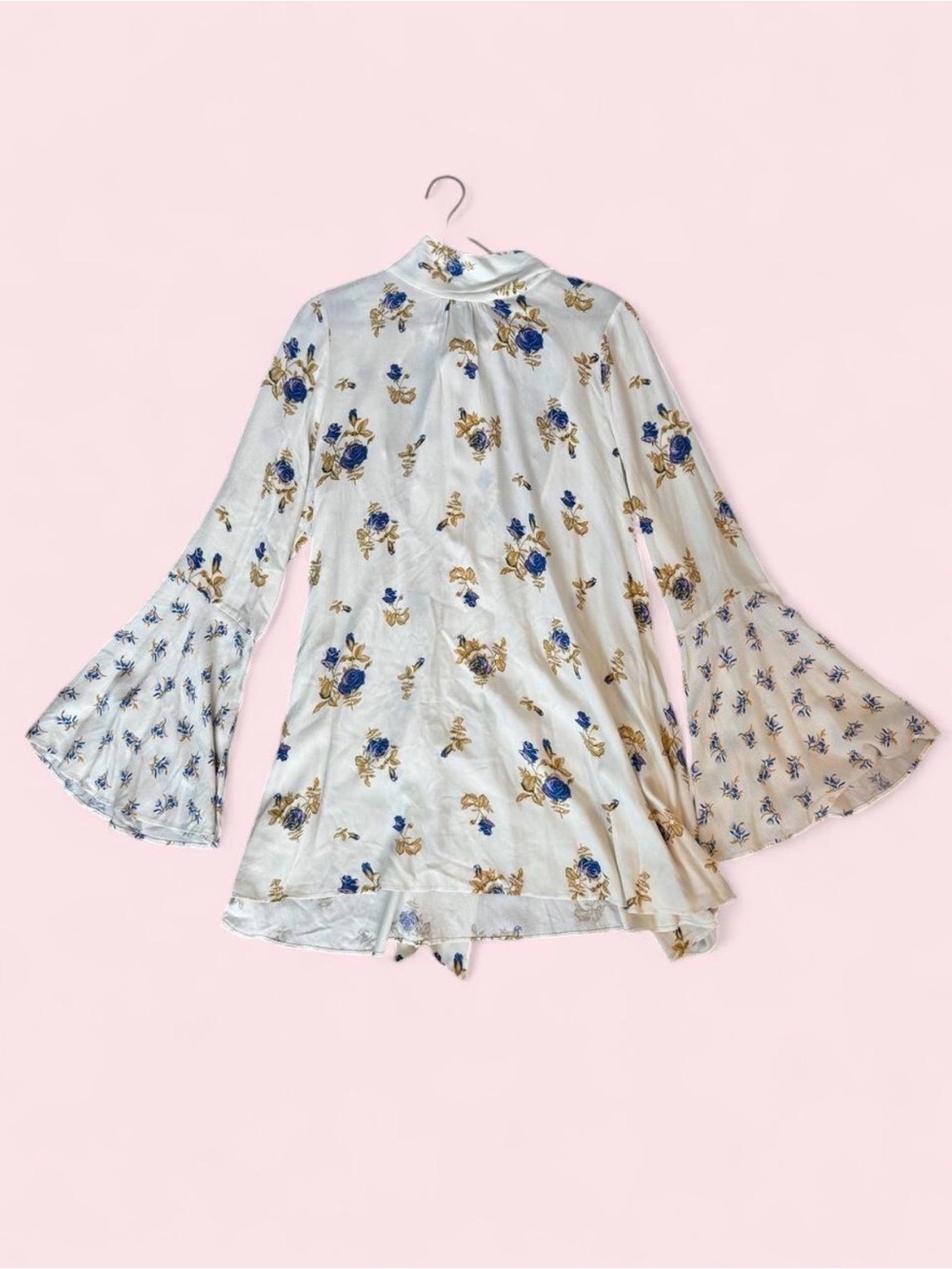 Free People White Tate Tunic Floral Bell-Sleeve Open Back Mini Dress- Boho
